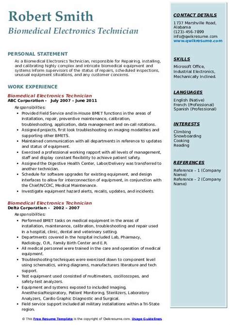 Biomedical Electronics Technician Resume Samples Qwikresume Biomedical Electronics Technician Resume Samples Qwikresume