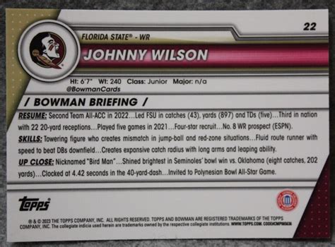 Johnny Wilson 2023 Bowman U 1St Chrome Base Card 22 Fsu Philadelphia